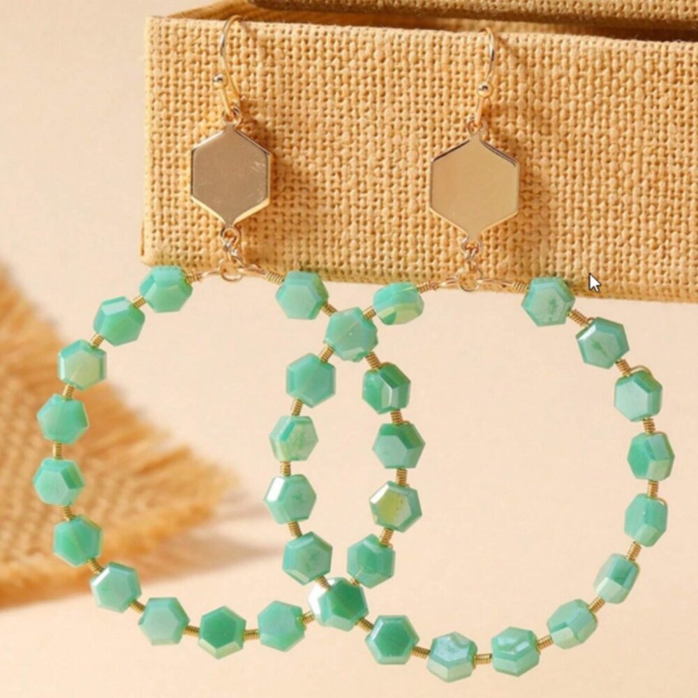 Teal Hexagon Crystal Gold Hoop Shaped Earrings